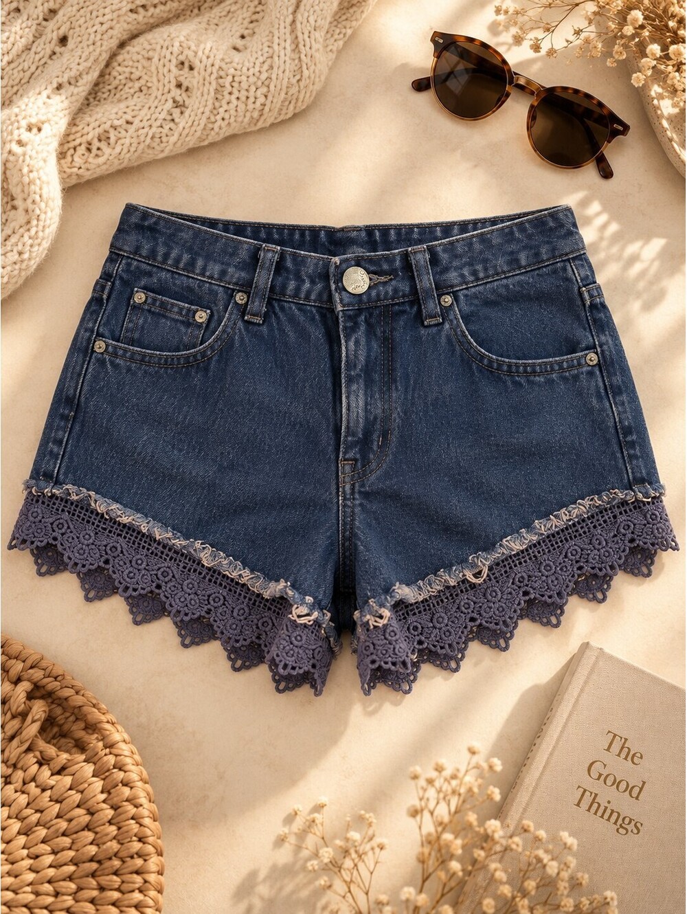 Free People Cutoff Denim Shorts Dark Wash Lace Trim Hem Size 25 GUC